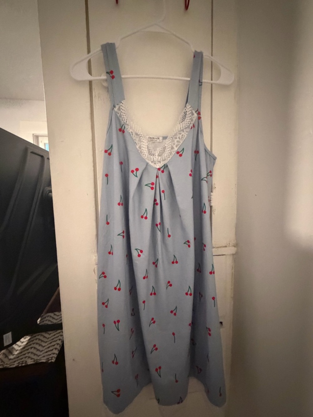 Source Unknown Light Blue Cherry-Print Night Slip with Lace Trim